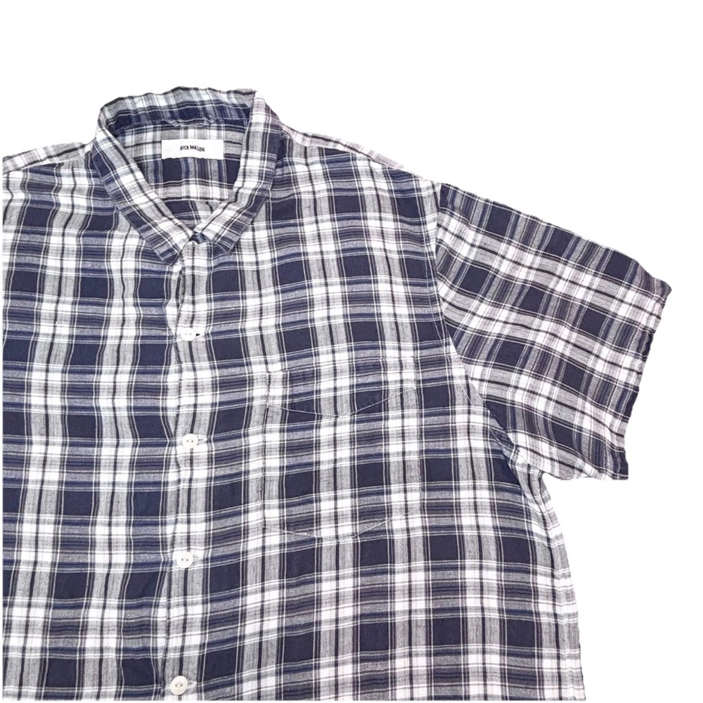 Buck Mason Camp Shirt Men’s Xxl Blue Linen Cotton Plaid Loop Collar